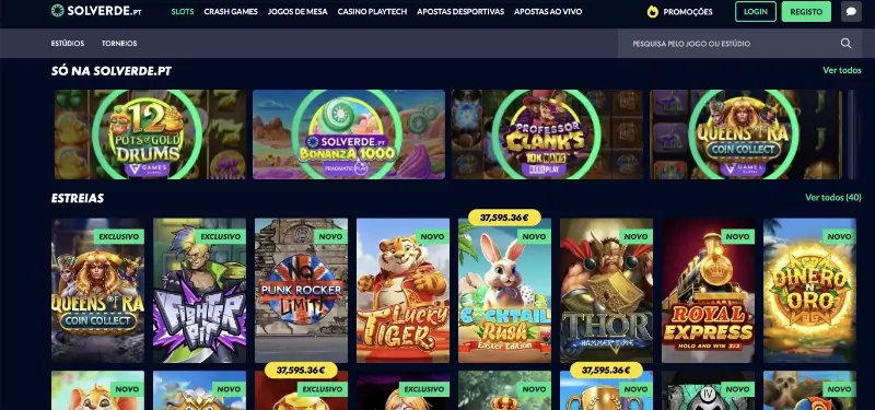 Página de slot machines no Solverde