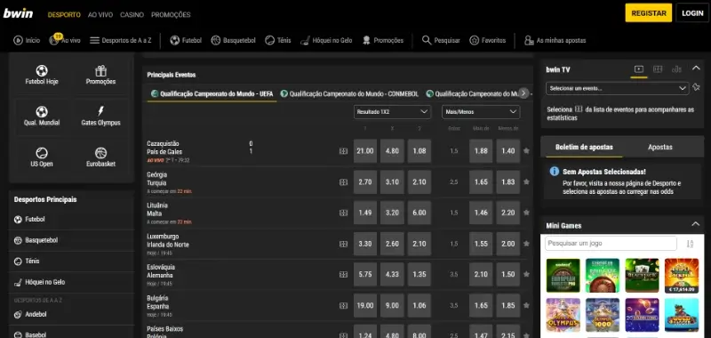 Página de apostas desportivas na Bwin