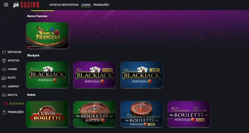 Página de jogos de mesa no casino do Placard