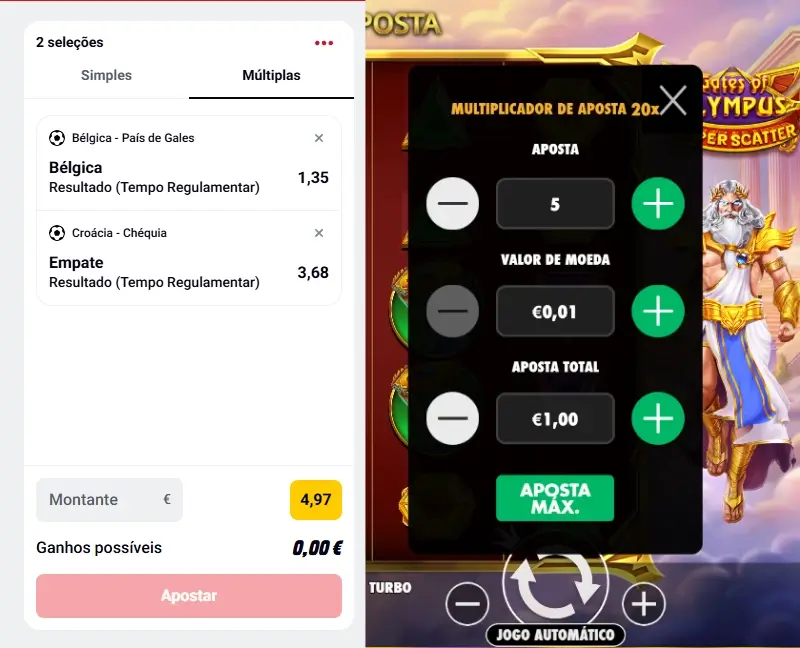 Boletim de apostas desportivas e configurador de apostas de uma slot na Betclic