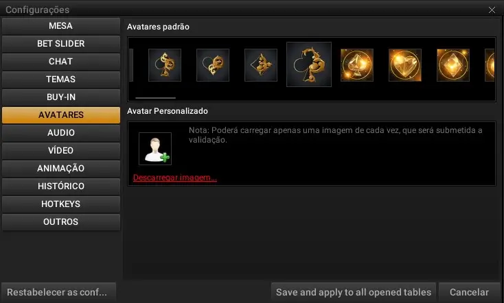 Configuração do avatar na ESC Poker