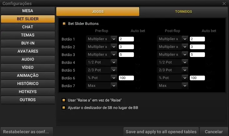 Configuração do Bet Slider na ESC Poker