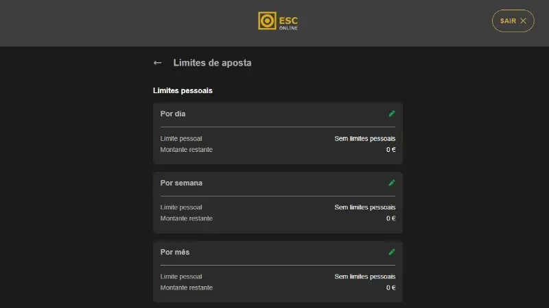 Defenir limites de apostas no casino da ESC Online