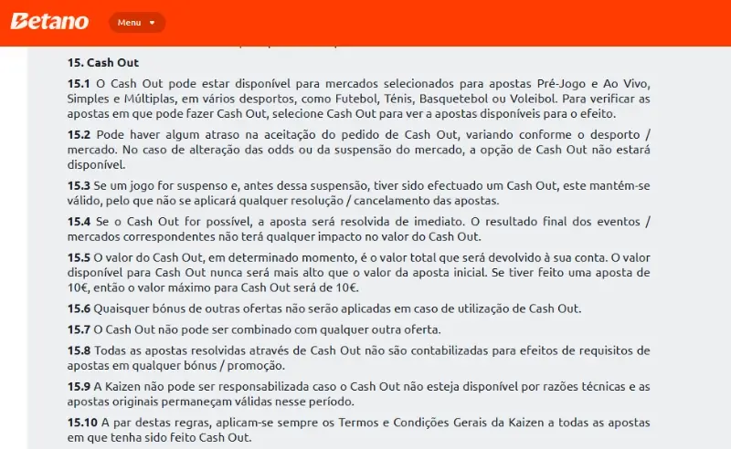 Termos e condições do Cash out na Betano