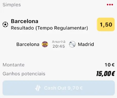 Exemplo de cash out supenso na aposta na Betclic