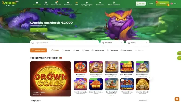 Página principal do Verde Casino