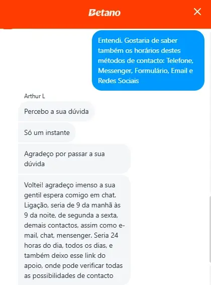Resposta do chat ao vivo sobre os horários dos meios de apoio ao cliente da Betano