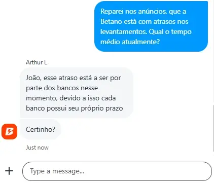 Rsposta do chat ao vivo da Betano sobre os atrasos nos levantamentos