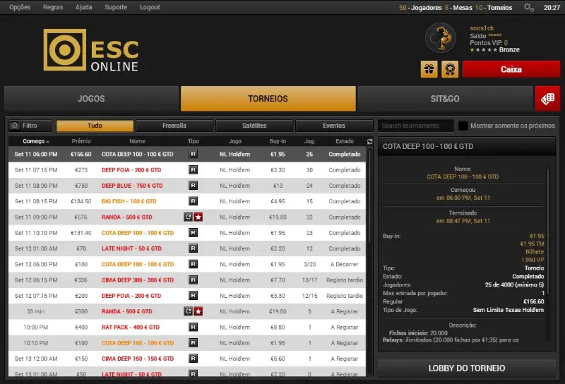 Lobby de Poker no casino da ESC Online