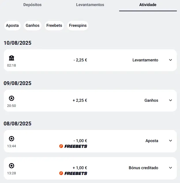 Registos das operações feitas na conta da Betclic