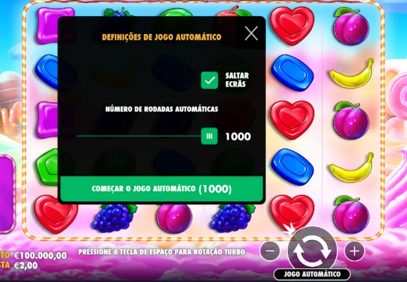 Defenir o jogo automático da slot machine Sweet Bonanza 1000