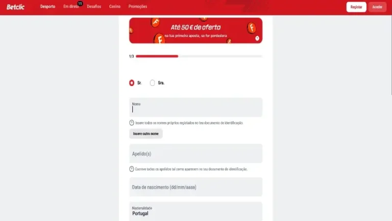 Formulário de registo na Betclic