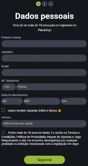 Formulário de registo do Placard online