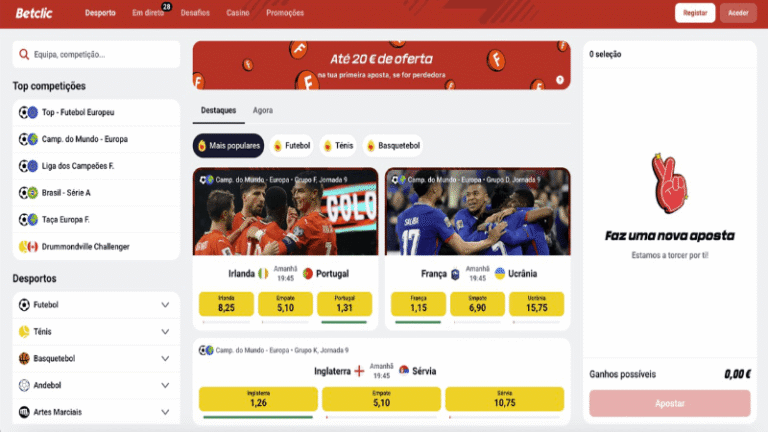 Homepage de paostas desportivas na Betclic
